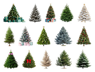 PNG Diverse decorated Christmas trees collection, element set on transparent background