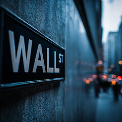 Wall Street Sign Focus: Twilight Financial District Ambiance in Iconic Business Hub with Urban Photography
