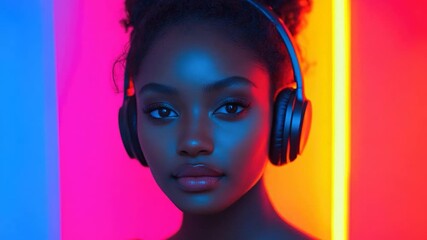 A woman wearing headphones standing in front of a bright neon background, great for music or technology related themes