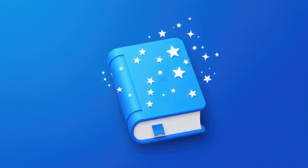 A 3D rendered closed book with a blue cover adorned with white stars, resting on a gradient blue backdrop with glowing sparkles