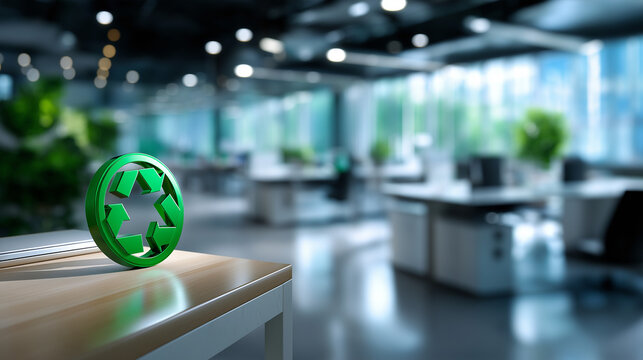 Faceless contemporary office environment featuring bright green sustainability icon, softly blurred background suggesting collaboration and technology, with copy space