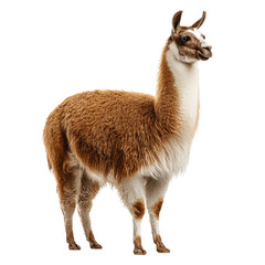 Obraz premium A majestic brown and white llama stands gracefully, showcasing its soft woolly fur and distinctive features on a solid transparent background. background removed