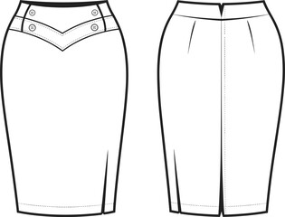 Pencil skirt sketch, technical fashion illustration, front and back view, V-shaped yoke, decorative buttons, fitted silhouette, garment construction
