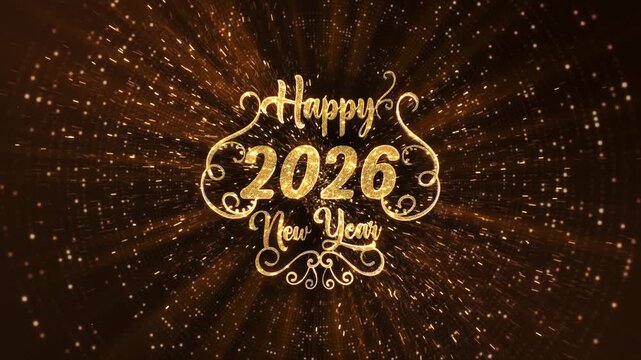 Golden shiny Happy New Year 2026 lettering animation. Christmas celebration Animated text sparkling effects. New year title intro festival party event. Greetings, Wishes, Holiday Cards, Celebration