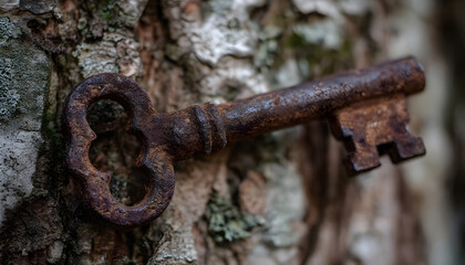 A rusty antique skeleton key wedged into a tree trunk, rusted metal against rough bark.
