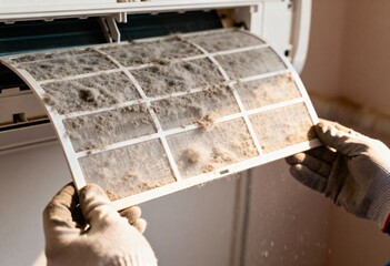 Gloved hands removing a heavily soiled, dust-clogged air filter from a white split air conditioner unit, highlighting poor maintenance.