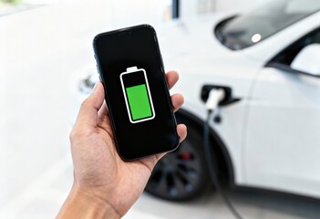 Hand holds a phone displaying a charging battery status screen near an electric vehicle being plugged in.