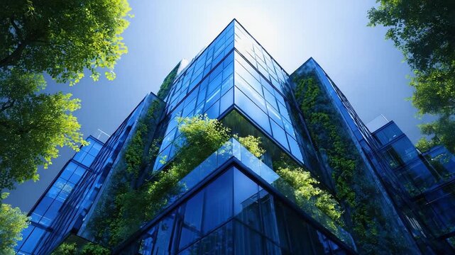 Modern glass office building with a vertical garden climbing its blue-tinted fa&ccedil;ade.