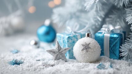 Festive winter scene with ornaments, presents, snow, and a frosty white background