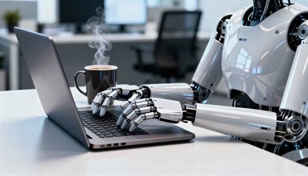 Humanoid robot hands typing on a laptop keyboard at an office desk with a steaming mug, showcasing automation and AI.