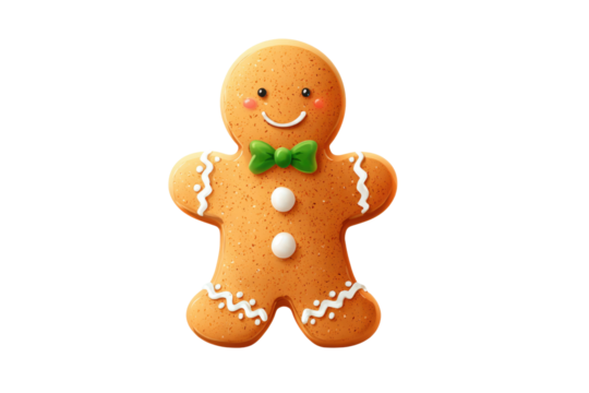 A happy gingerbread man cookie, cheerfully decorated with a green bow tie, white buttons, and festive icing. background removed