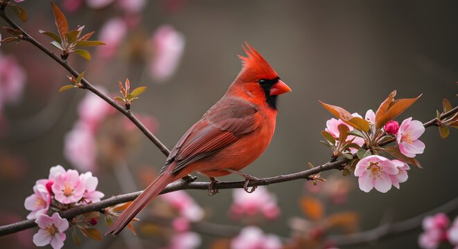 A cardinal perched on a blossoming branch, surrounded by pink flowers in a serene natural setting