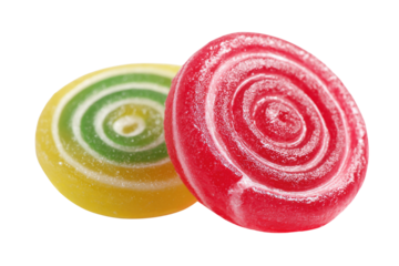 Two vibrant, sugary spiral candies, one red and one yellow-green, with a delicious sweet treat appearance. background removed