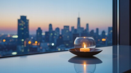 Candle glowing in glass holder on sleek table, urban apartment with city skyline at dusk, serene ambiance and relaxation concept for home decor.