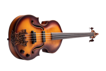 A beautifully crafted electric bass guitar with a sunburst finish, f-holes, and ornate carved details, showcasing its unique design. background removed