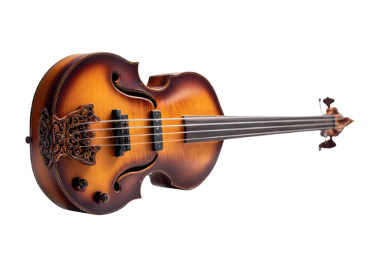 A beautifully crafted electric bass guitar with a sunburst finish, f-holes, and ornate carved details, showcasing its unique design. background removed