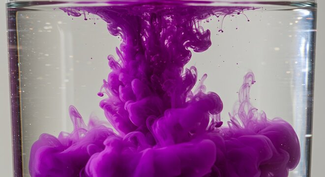 Vibrant purple ink diffuses in clear water within a glass container viewed from the side