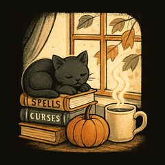 Charming Autumn Magic: Cozy Black Cat, Whimsical Art, & Pumpkin Decor in Vintage Window Vignette