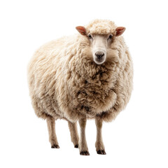 Obraz premium A fluffy white domestic sheep stands centered, full body, facing forward. Thick wool, gentle eyes. Isolated on transparent background. background removed