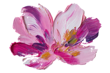 Abstract impasto flower petals in vibrant pinks, purples, and gold, showcasing thick textured brushstrokes on a transparent background, digitally extracted. background removed