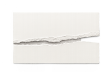 White torn paper sheet presenting ragged edges and a blank space for text. Isolated with a transparent background