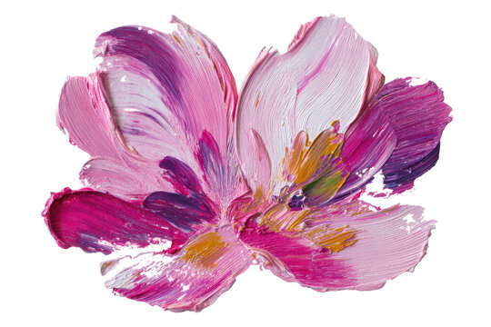 Abstract impasto flower petals in vibrant pinks, purples, and gold, showcasing thick textured brushstrokes on a transparent background, digitally extracted. background removed