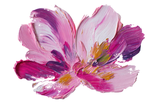 Abstract impasto flower petals in vibrant pinks, purples, and gold, showcasing thick textured brushstrokes on a transparent background, digitally extracted. background removed