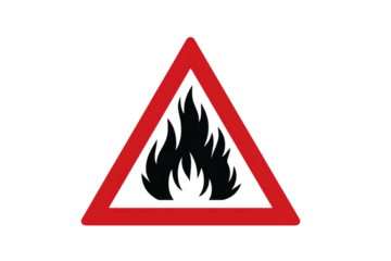 A red triangular warning sign with a black flame symbol signifies a fire hazard, indicating the presence of flammable materials or conditions. background removed