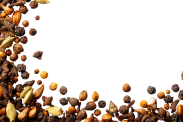 A vibrant border of aromatic spices including cloves, black peppercorns, and green cardamom pods, encircling a solid transparent background. background removed