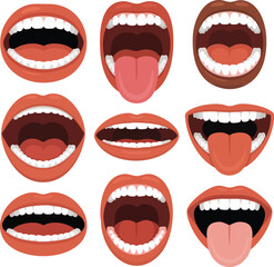 Open mouth expressions with tongue and teeth showing diverse human mouth emotion vectors collection