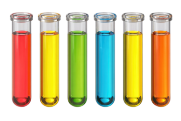 Six colorful test tubes filled with vibrant red, yellow, green, blue, and orange liquids, perfect for chemistry experiments and scientific visuals. background removed