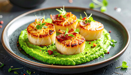 Perfectly seared scallops on a pea puree, fine dining plating. AI