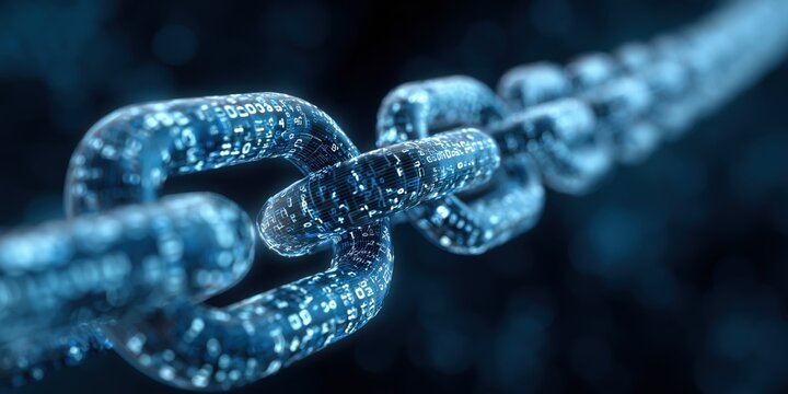close-up of a blue digital chain on a background with binary code, symbolizing the security and sharing nature of blockchain technology Generative AI