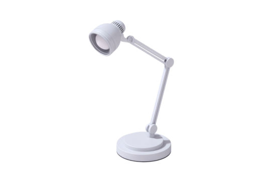 A clean, modern white adjustable desk lamp with a circular base, perfect for task lighting, reading, or office use. background removed