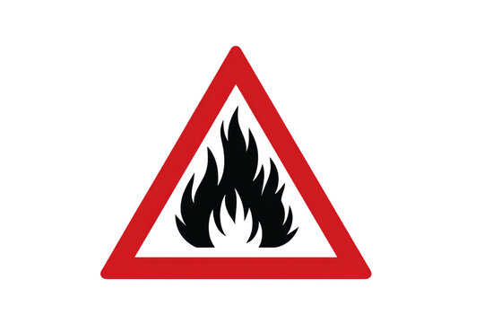A red triangular warning sign with a black flame symbol signifies a fire hazard, indicating the presence of flammable materials or conditions. background removed