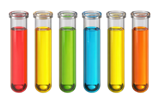 Six colorful test tubes filled with vibrant red, yellow, green, blue, and orange liquids, perfect for chemistry experiments and scientific visuals. background removed