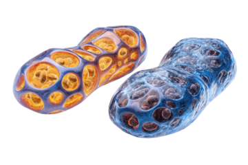 Abstract 3D rendering of complex cellular structures with internal energy patterns. One glows orange, the other blue, microscopic organic forms. background removed