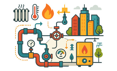 Fototapeta premium Urban heating system illustration — gas boiler, pipes, radiator, and energy efficiency concept