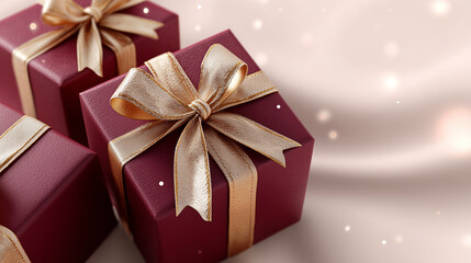 Present gift boxes with golden bows on pastel ivory background with bokeh lights