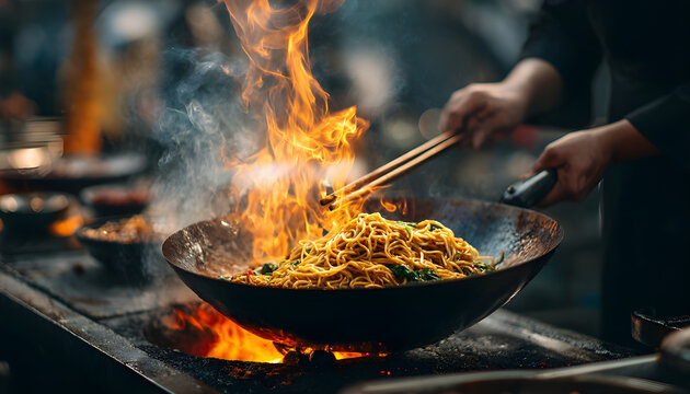 Asian style of cooking food on fire. the chef stir the noodles on in a burning bowl. wok noodles