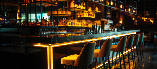 Evening Bar Ambiance: An inviting and stylish bar scene, illuminated with warm lighting, set the stage for an evening of enjoyment and social interaction, inviting everyone to unwind 