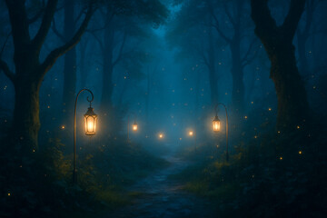 Glowing Lantern Path in Enchanted Forest at Twilight