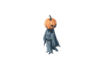 A spooky Halloween character with a carved orange pumpkin head and a flowing dark grey robe, evoking a mysterious ghostly figure. background removed