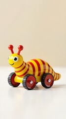 Smiling cartoon snail toy rolling on a smooth desk, minimalistic setting, concept of children's play and nostalgia.