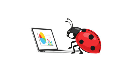 Fototapeta premium Ladybug analyzing graphs on laptop: data analytics concept with insect cartoon art