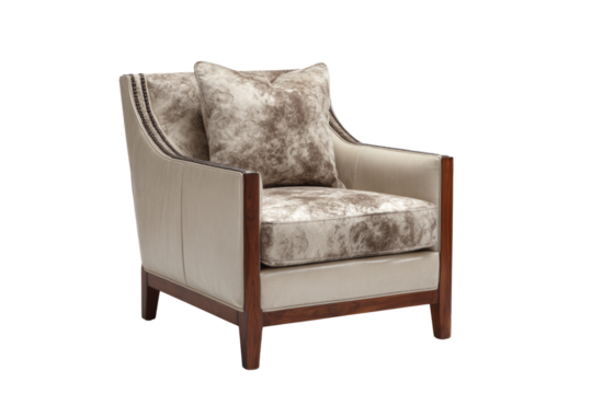 Elegant armchair with light beige upholstery, mottled pattern cushion, dark wood accents, and decorative nailhead trim, offering sophisticated comfort. background removed