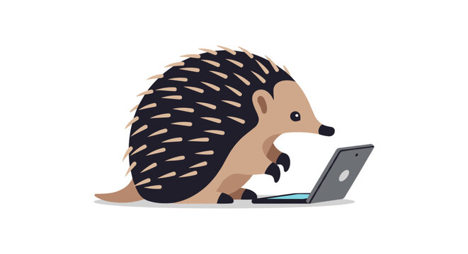 Cute hedgehog using laptop in flat style design