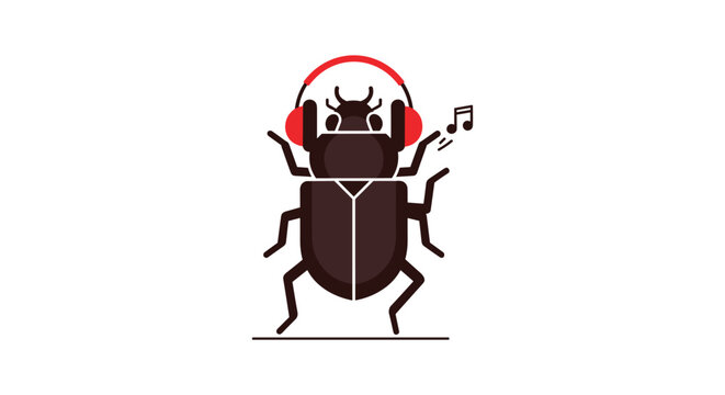 Minimalistic beetle enjoying music with headphones and musical notes