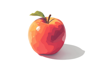 A vibrant, stylized red apple with a green leaf and stem, casting a subtle shadow on a dark transparent background. Clean vector art illustration. background removed