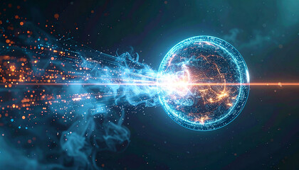Fototapeta premium Energy Sphere: An abstract view of the nexus, a captivating energy sphere radiating brilliant light, symbolizing technology and scientific advancement, surrounded by particles in a dark.